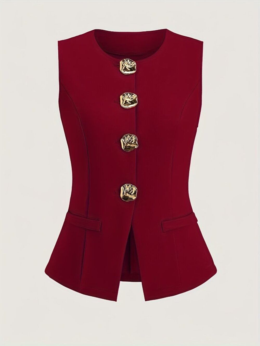 Wine French Style Sleeveless Blazer Vest – Gold Button Elegant Top